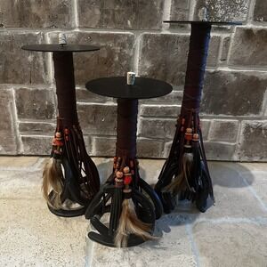 Artisan 3 Item Set Candle Holders 12-16 Inch Western Ranch Cast Iron Horseshoe